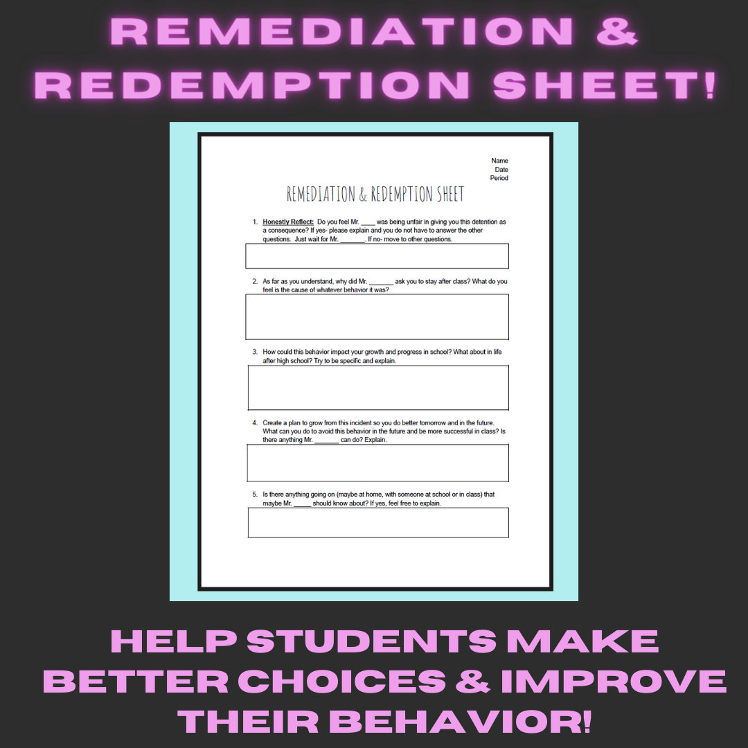 Behavior Remediation Examples Remediation & Redemption Sheet (behavioral management support ...